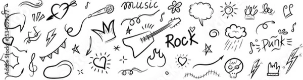 Fototapeta Hand-drawn doodle set with rock and punk themed elements including guitar, microphone, hearts, music notes, lightning bolts, and expressive icons in black and white sketch style.
