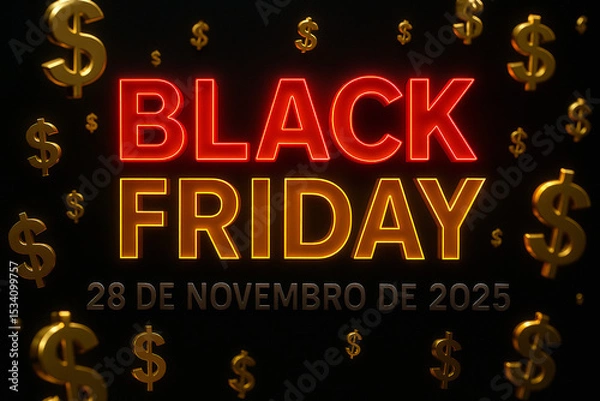 Fototapeta Design vibrante de Black Friday com texto em neon e símbolos de cifrão dourados flutuantes, destacando a data 28 de novembro de 2025.