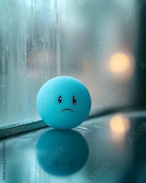 Obraz Sad Blue Cartoon Ball by Rainy Foggy Window for Loneliness and Emotion Concepts