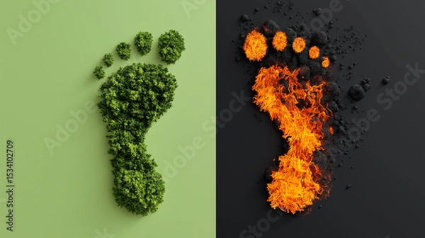 Fototapeta Visual Contrast of Green and Burning Carbon Footprints Depicting Environmental Impact, Climate Change, and the Consequences of Global Warming on Ecosystems and Sustainable Choices