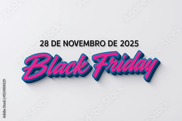Fototapeta Banner minimalista de Black Friday com texto em 3D rosa e azul, destacando a data 28 de novembro de 2025 em fundo branco.
