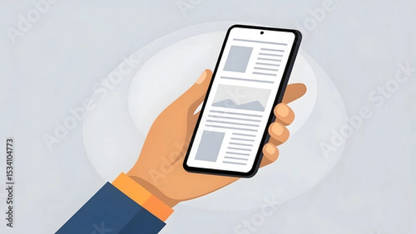 Fototapeta hand engaging with a smartphone vector, with a tiny news headline, simple light gray background, wide layout, commercial use