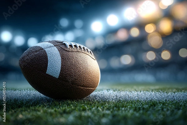 Obraz Close up of an american football on the field with stadium lights in the background
