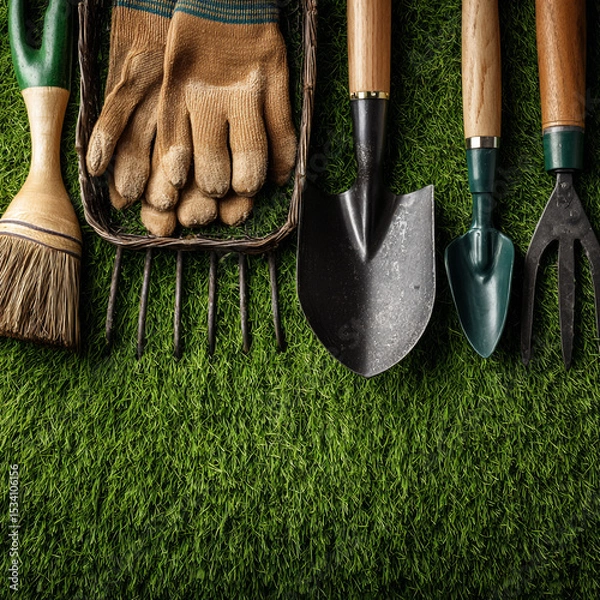 Obraz Overhead shot of gardening tools including gloves and trowels arranged on green grass