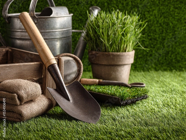 Obraz Still life of gardening tools including a shovel, watering can, and potted grass