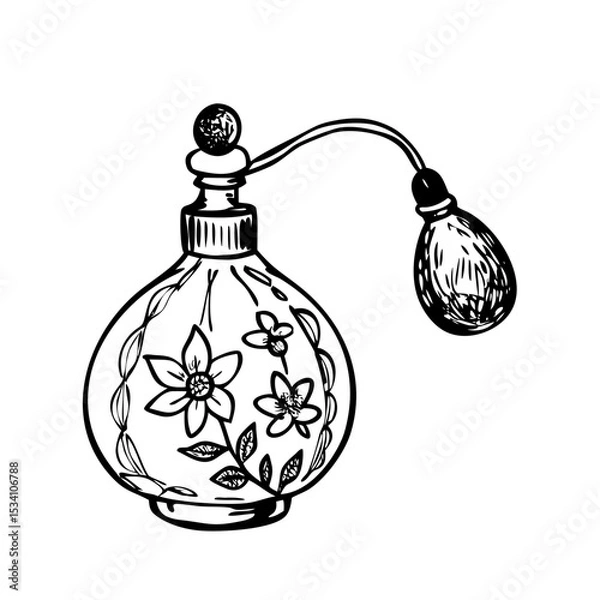 Fototapeta Elegant vintage perfume bottle sketch with bulb atomizer and engraved floral glass
