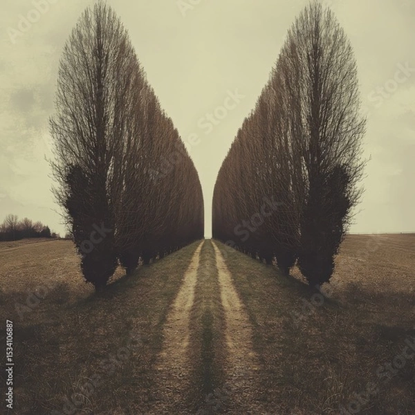 Obraz A symmetrical arrangement of trees flanking a straight pathway leading to an open space