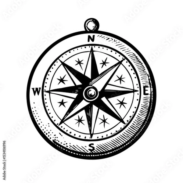Fototapeta Hand-drawn vintage compass sketch with engraved lines and grain