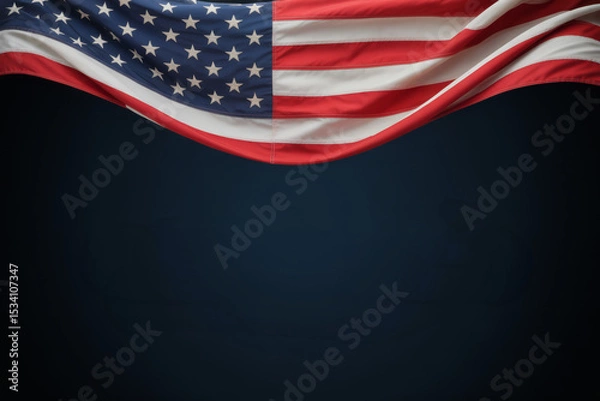 Fototapeta Grand Waving American Flag with Muted Dark Blue Background, Offering Serene Negative Space for Text or Graphics