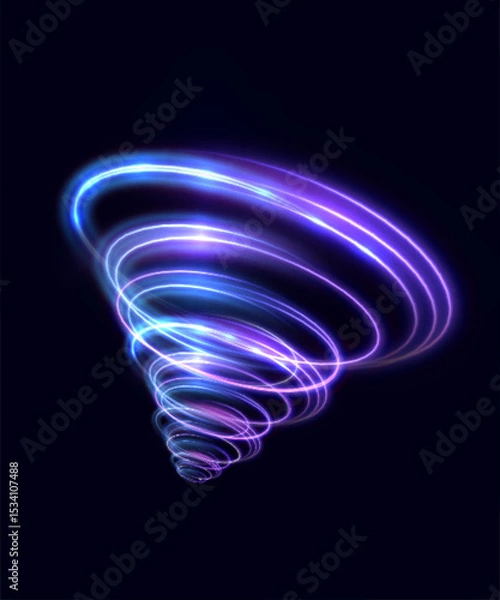 Fototapeta Futuristic neon swirl of blue and purple light rings with motion and depth effect. Used as a speed, portal or teleport element in technological or fantasy designs.