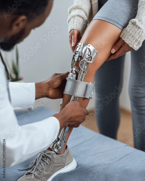 Obraz Doctor examining a patient's leg with a robotic prosthetic in a clinical setting