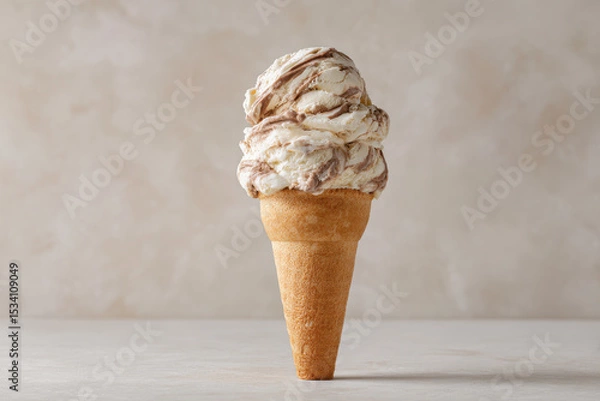 Fototapeta delicious ice cream cone with single piece of bright chocolate on top set against clean neutral background