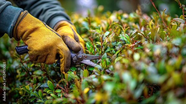 Obraz A person trimming a bush with gardening shears wearing yellow work gloves outside