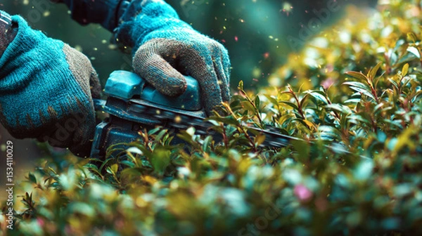 Obraz Close up of gloved hands using a hedge trimmer on a green bush in the garden area