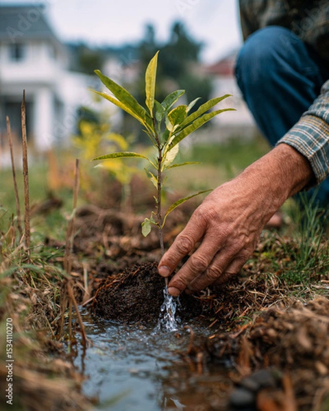Obraz A person planting a small tree sapling with water running nearby in a garden area