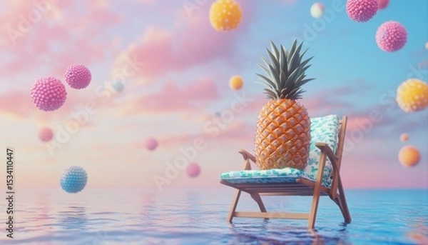 Obraz 3D Illustration of a Pineapple Relaxing on a Beach Chair Surrounded by Colorful Creatures