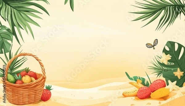 Obraz Beach scene with tropical elements including palm leaves and fruits in a basket