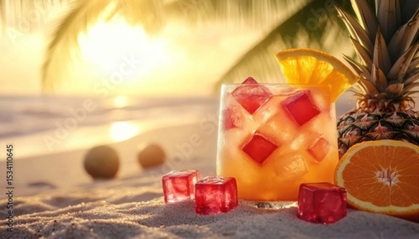 Obraz A vibrant tropical drink adorned with pineapple and orange slices on the sandy shores of a beautiful beach