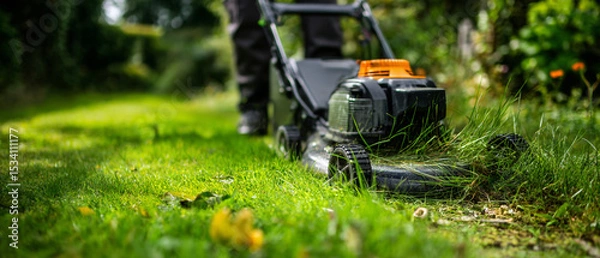 Obraz A person mowing the lawn with a black and orange lawnmower in a green backyard