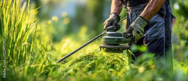 Obraz A person using a string trimmer to cut tall grass in a green outdoor environment