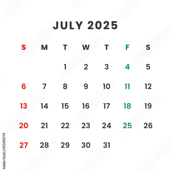 Obraz A calendar view of july of the year twenty twenty five with days marked in red and green color scheme