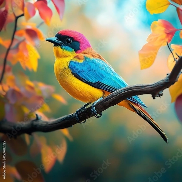Fototapeta Vibrant tropical bird perched on a branch amidst a profusion of colorful blossoms, bathed in the warm glow of sunlight.

