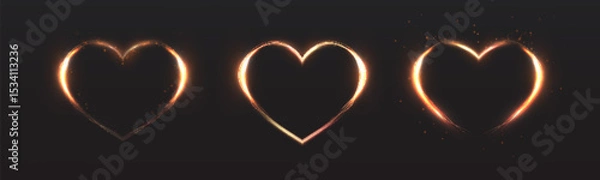 Obraz Glowing golden outlines of hearts with glitter and sparkle effect on a dark background. Romantic element for holidays and design, love feelings and bright emotions.