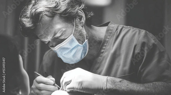 Obraz Man in surgical scrubs and mask performing a procedure with a surgical instrument