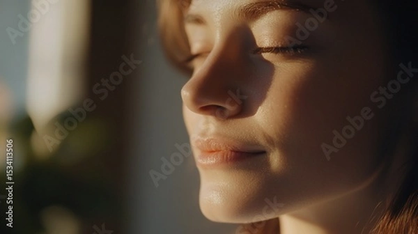 Obraz Serene Woman Embracing Sunlight, a Moment of Contemplation and Reflection