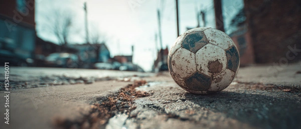Obraz A worn soccer ball sits on a cracked concrete surface in an urban environment