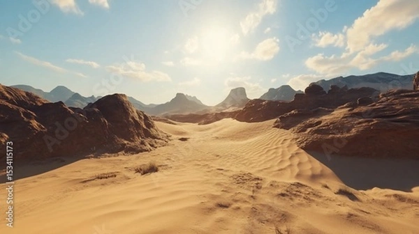 Obraz Scenic desert landscape with sand dunes, rocky formations and vast open horizon