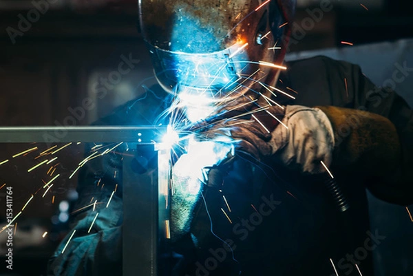 Fototapeta sparks while welder uses torch to welding