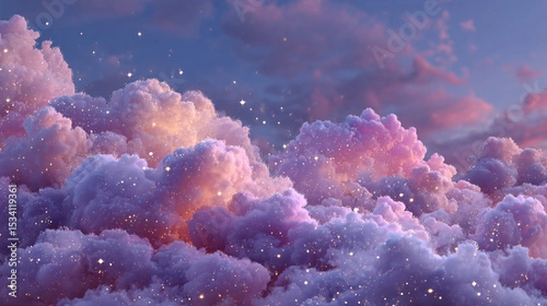 Obraz A dreamy sky filled with fluffy clouds in shades of pink and purple with sparkles