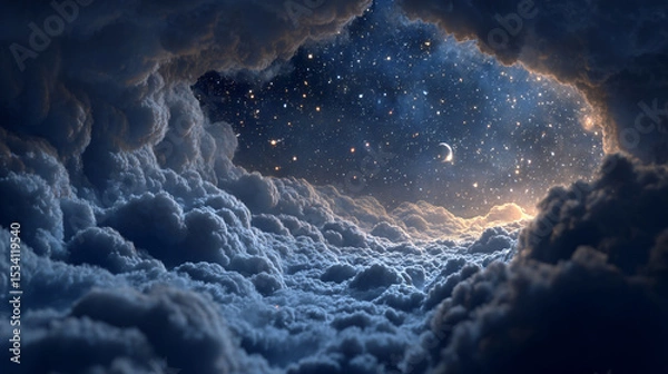 Obraz A view of the night sky with stars and a crescent moon framed by fluffy clouds
