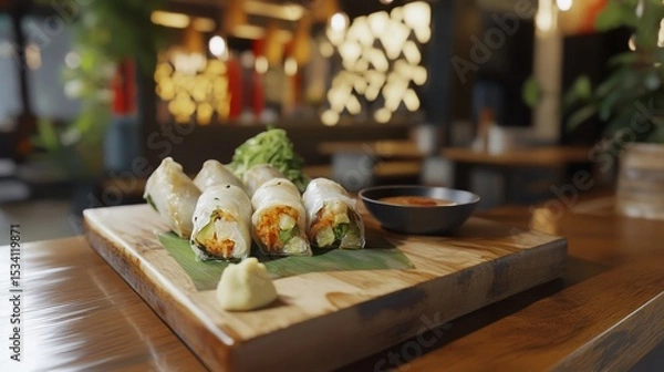 Obraz Exotic Fresh Spring Rolls Presentation on Wooden Board in Restaurant Setting