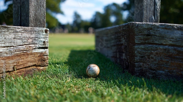 Obraz A worn ball sits on green grass between weathered wooden posts on a sunny day outdoors