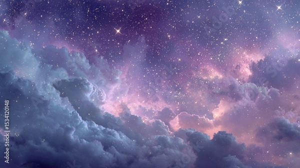 Obraz A view of a starry night sky with clouds in shades of blue purple and pink hues