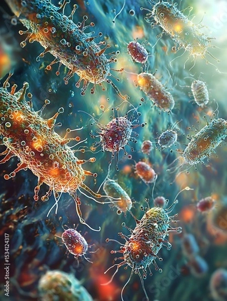 Obraz Cluster of Bacteria Under Microscope with Detailed Cell Structures, biological environment.