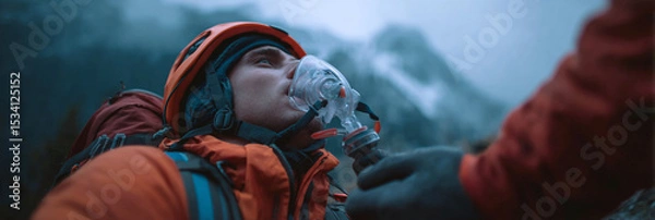 Obraz Man with oxygen mask in mountainous area wearing orange jacket and helmet looks up
