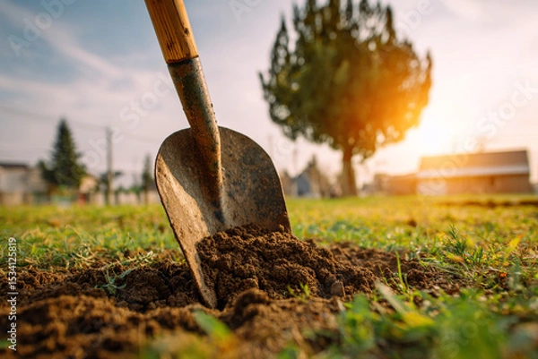 Obraz A close up of a shovel digging into the ground with a tree and sun in the background