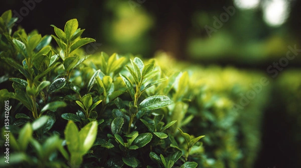 Obraz Close up shot of a green bush with small leaves in a garden with blurred background