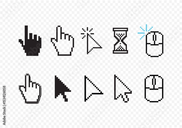 Obraz Transparent PNG available Pixel cursor or computer mouse pointer icons set. 
Pixel hand, pointer hand, arrow logo vector isolated icons set. 