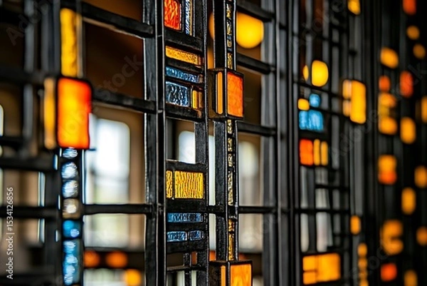 Fototapeta Architectural stained glass panel with bold colors and geometric design