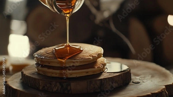 Obraz Delicious pancakes drizzled with maple syrup for a cozy morning treat