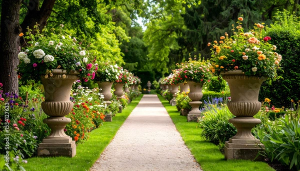 Obraz Serene Garden Path with Ornate Flower Urns