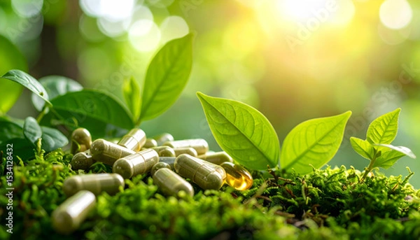 Obraz Natural Herbal Supplements: Capsules on Moss with Lush Green Foliage