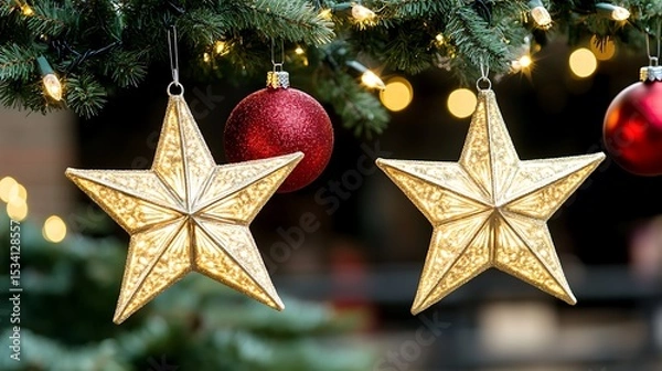 Fototapeta Elegant christmas ornaments hanging on a christmas tree with lights bokeh