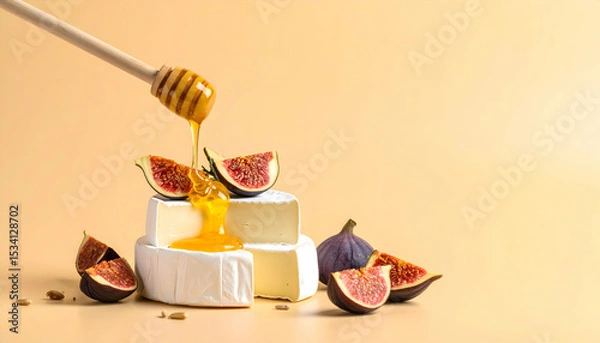 Obraz Gourmet Cheese Platter: Creamy Camembert with Honey and Figs