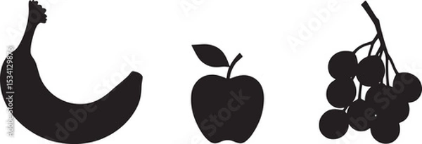Fototapeta “Black Fruit Silhouette Set – Banana, Apple, Grapes – Minimal Vector Icons on White Background”