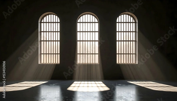 Fototapeta Sunbeams Illuminating Three Arched Windows in a Dark Room